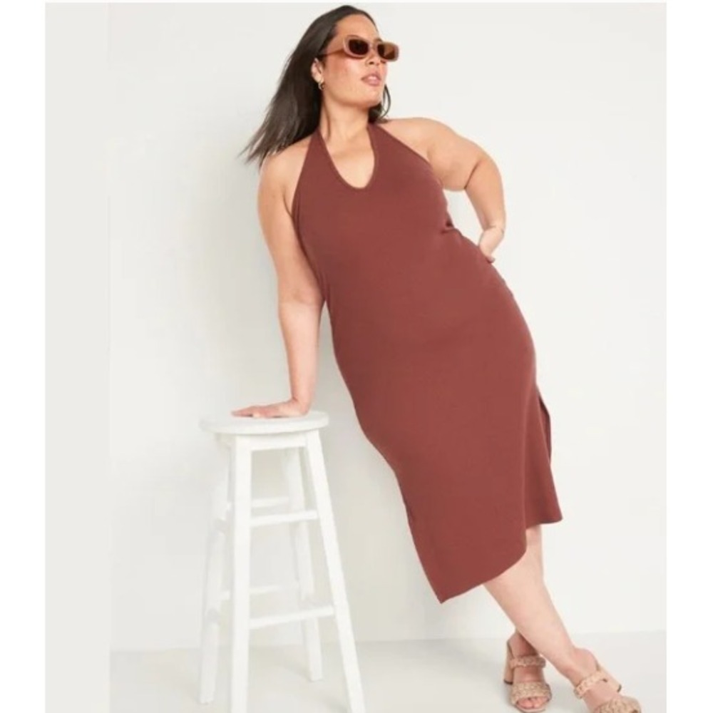 Old Navy 4X Dress Root Beer Brown Halter Midi V Neck Side Slits Rib-Knit NWT